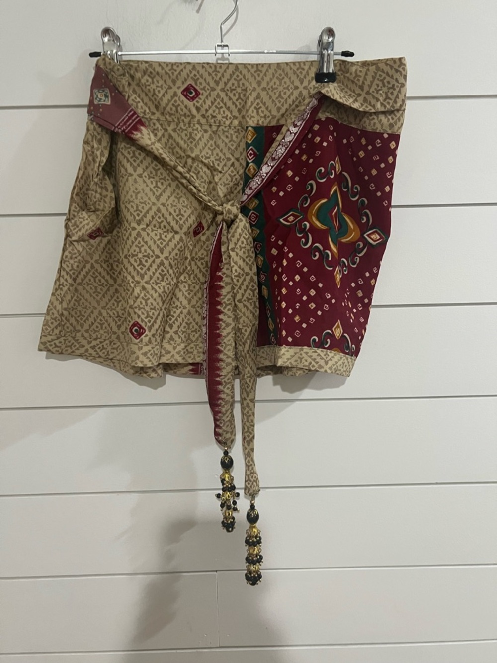 Beige and Burgundy Printed Tie-Waist Skort with Bead Tassels